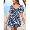 CUPSHE Women’s Summer Dress Diamond Neck Cutout Tie Front Smocked Back A Line Sun Dress Casual Beach Vacation Mini Dress(Navy Blue)