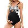 CUPSHE Maternity One Piece Swimsuit V Neck Pregnancy Bathing Suit for Women Front Twist Cutout Ruched Adjustable Straps(Black/White/Geo)