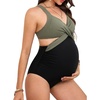 CUPSHE Maternity One Piece Swimsuit V Neck Pregnancy Bathing Suit for Women Front Wrap Criss Cross Cutout Color Block(Sage Green/Black)