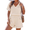 CUPSHE Women Waffle Knit V Neck Cover Up Rompers with Pockets | V Neck Swim Cover Ups, Short Sleeve Bathing Suit Coverup for Women, Waffle Knit Beach Coverup Romper, Beach Rompers(Beige)