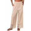 CUPSHE Women’s Lace Trim Wide Leg Pants, Summer High Waist Smocked Palazzo Casual Beach Pants with Pockets(Beige)