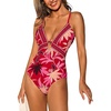 CUPSHE Women’s One Piece Swimsuit Deep V Plunging Neck Monokini Bathing Suit Self Tie Swimwear Cutout(Red Tropical Floral)