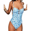 CUPSHE Women’s One Piece Swimsuit Monokini V Neck Cutout Bathing Suit Drawstring Back Self Tie(White/Blue Floral)