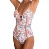 CUPSHE Women’s One Piece Swimsuit Plunging V Neck Shell Stitch Bathing Suit Self Tie Adjustable Cutouts Swimwear(Cream/Pink Paisley)