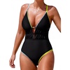 CUPSHE Women’s One Piece Swimsuit Sexy Plunging Neck Bathing Suit Ruched Waist Crossback Tie Color Block Textured(Black/Yellow/Blue)