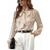 CUPSHE Women’s Satin Blouse – Long Sleeve Bow Tie Neck Work Shirt Dressy Casual for Office Party(Beige)