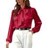 CUPSHE Women’s Satin Blouse – Long Sleeve Bow Tie Neck Work Shirt Dressy Casual for Office Party(Red)