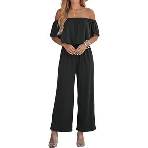 CUPSHE Jumpsuits for Women, Off the Shoulder Short Sleeves Wide Leg Casual One Piece for Summer Beach Vacation(Black)
