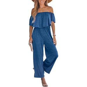 CUPSHE Jumpsuits for Women, Off the Shoulder Short Sleeves Wide Leg Casual One Piece for Summer Beach Vacation(Navy Blue)