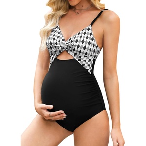 CUPSHE Maternity One Piece Swimsuit V Neck Pregnancy Bathing Suit for Women Front Twist Cutout Ruched Adjustable Straps(Black/White/Geo)