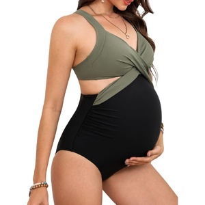 CUPSHE Maternity One Piece Swimsuit V Neck Pregnancy Bathing Suit for Women Front Wrap Criss Cross Cutout Color Block(Sage Green/Black)