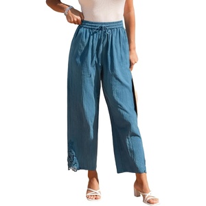 CUPSHE Women Casual Pants Hollow Out Beach Trousers with Pockets Vacation Casual(Blue)