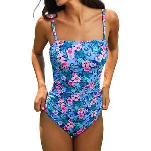 CUPSHE Women Swimsuit One Piece Bathing Suit Square Neck Cutout Back Tummy Control with Adjustable Spaghetti Straps(Blue/Floral)