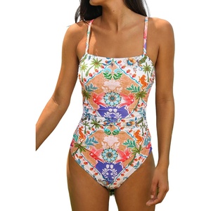 CUPSHE Women Swimsuit One Piece Bathing Suit Square Neck Cutout Back Tummy Control with Adjustable Spaghetti Straps(Orange/Blue Floral)