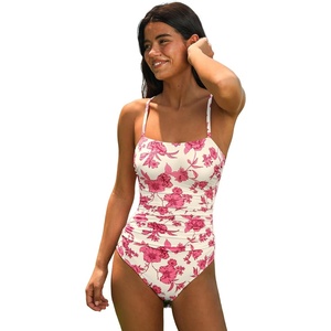 CUPSHE Women Swimsuit One Piece Bathing Suit Square Neck Cutout Back Tummy Control with Adjustable Spaghetti Straps(White/Red Floral)
