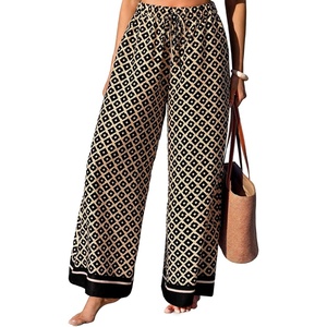CUPSHE Womens Beach Wide Leg Pants Summer Boho Drawstring Elastic Waist Vacation Palazzo Pant(Black)
