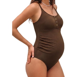 CUPSHE Women’s Maternity One Piece Swimsuit Adjustable Spaghetti Strap Scoop Neck Pregnancy Bathing Suit Back Cutout Grommet(Chocolate Brown)