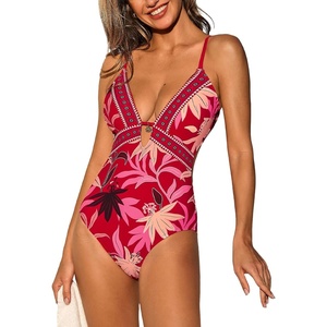 CUPSHE Women’s One Piece Swimsuit Deep V Plunging Neck Monokini Bathing Suit Self Tie Swimwear Cutout(Red Tropical Floral)