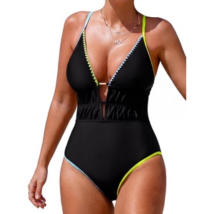 CUPSHE Women’s One Piece Swimsuit Sexy Plunging Neck Bathing Suit Ruched Waist Crossback Tie Color Block Textured(Black/Yellow/Blue)