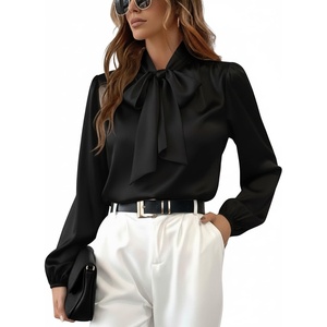 CUPSHE Women’s Satin Blouse – Long Sleeve Bow Tie Neck Work Shirt Dressy Casual for Office Party(Black)