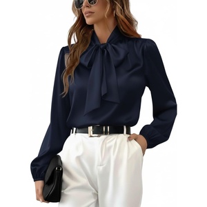 CUPSHE Women’s Satin Blouse – Long Sleeve Bow Tie Neck Work Shirt Dressy Casual for Office Party(Dark Blue)