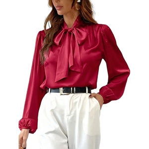 CUPSHE Women’s Satin Blouse – Long Sleeve Bow Tie Neck Work Shirt Dressy Casual for Office Party(Red)