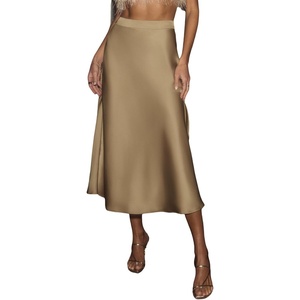CUPSHE Women’s Satin Midi Skirt – Silk A Line High Waist Elegant Casual Flowy Cocktail Party Wedding Vacation(Light Brown)