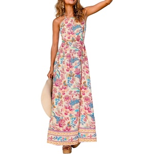 CUPSHE Women’s Summer Dresses Floral Halter Tie Back Backless Smocked Beach Flowy Maxi Dress(Pink)
