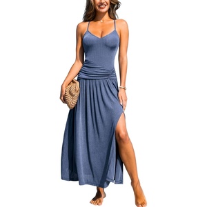 CUPSHE Womens Summer Party Dress Ribbed V Neck Spaghetti Strap Ruched Slit Maxi Sundress Casual Fitted Beach Vacation Dresses(Steel Blue)
