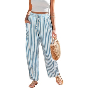 CUPSHE Women’s Wide Leg Striped Pants, Summer High Waist Smocked Palazzo Casual Beach Pants with Pockets(Blue-3)