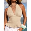 CUPSHE Women’s Floral Halter Top Smocked Tank Top V Neck Ruffle Hem Tie Neck Backless Beachwear Casual(Khaki)