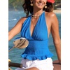 CUPSHE Women’s Floral Halter Top Smocked Tank Top V Neck Ruffle Hem Tie Neck Backless Beachwear Casual(Royal Blue)