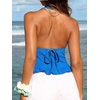 CUPSHE Women’s Floral Halter Top Smocked Tank Top V Neck Ruffle Hem Tie Neck Backless Beachwear Casual(Royal Blue)