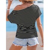 CUPSHE Women’s Striped Off Shoulder Top – Y2K Summer Casual Ruched Tee | soft fabric, ruched side detail, perfect for beach parties, vacation wear, lightweight summer tops(Black)