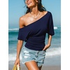 CUPSHE Women’s Striped Off Shoulder Top – Y2K Summer Casual Ruched Tee | soft fabric, ruched side detail, perfect for beach parties, vacation wear, lightweight summer tops(Navy-solid)