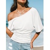 CUPSHE Women’s Striped Off Shoulder Top – Y2K Summer Casual Ruched Tee | soft fabric, ruched side detail, perfect for beach parties, vacation wear, lightweight summer tops(White-2)