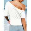 CUPSHE Women’s Striped Off Shoulder Top – Y2K Summer Casual Ruched Tee | soft fabric, ruched side detail, perfect for beach parties, vacation wear, lightweight summer tops(White-2)