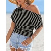 CUPSHE Women’s Striped Off Shoulder Top – Y2K Summer Casual Ruched Tee | soft fabric, ruched side detail, perfect for beach parties, vacation wear, lightweight summer tops(Black)