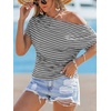 CUPSHE Women’s Striped Off Shoulder Top – Y2K Summer Casual Ruched Tee | soft fabric, ruched side detail, perfect for beach parties, vacation wear, lightweight summer tops(Grey)