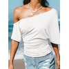 CUPSHE Women’s Striped Off Shoulder Top – Y2K Summer Casual Ruched Tee | soft fabric, ruched side detail, perfect for beach parties, vacation wear, lightweight summer tops(White-2)