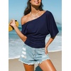 CUPSHE Women’s Striped Off Shoulder Top – Y2K Summer Casual Ruched Tee | soft fabric, ruched side detail, perfect for beach parties, vacation wear, lightweight summer tops(Navy-solid)