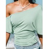 CUPSHE Women’s Striped Off Shoulder Top – Y2K Summer Casual Ruched Tee | soft fabric, ruched side detail, perfect for beach parties, vacation wear, lightweight summer tops(Green-2)