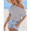 CUPSHE Women’s Striped Off Shoulder Top – Y2K Summer Casual Ruched Tee | soft fabric, ruched side detail, perfect for beach parties, vacation wear, lightweight summer tops(Navy)