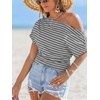 CUPSHE Women’s Striped Off Shoulder Top – Y2K Summer Casual Ruched Tee | soft fabric, ruched side detail, perfect for beach parties, vacation wear, lightweight summer tops(Grey)