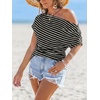 CUPSHE Women’s Striped Off Shoulder Top – Y2K Summer Casual Ruched Tee | soft fabric, ruched side detail, perfect for beach parties, vacation wear, lightweight summer tops(Black)