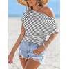 CUPSHE Women’s Striped Off Shoulder Top – Y2K Summer Casual Ruched Tee | soft fabric, ruched side detail, perfect for beach parties, vacation wear, lightweight summer tops(White)