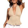 CUPSHE Women’s Floral Halter Top Smocked Tank Top V Neck Ruffle Hem Tie Neck Backless Beachwear Casual(Khaki)