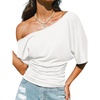 CUPSHE Women’s Striped Off Shoulder Top – Y2K Summer Casual Ruched Tee | soft fabric, ruched side detail, perfect for beach parties, vacation wear, lightweight summer tops(White-2)