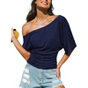CUPSHE Women’s Striped Off Shoulder Top – Y2K Summer Casual Ruched Tee | soft fabric, ruched side detail, perfect for beach parties, vacation wear, lightweight summer tops(Navy-solid)