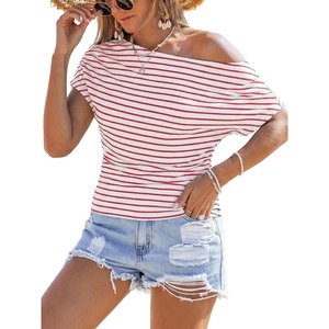 CUPSHE Women’s Striped Off Shoulder Top – Y2K Summer Casual Ruched Tee | soft fabric, ruched side detail, perfect for beach parties, vacation wear, lightweight summer tops(Red)